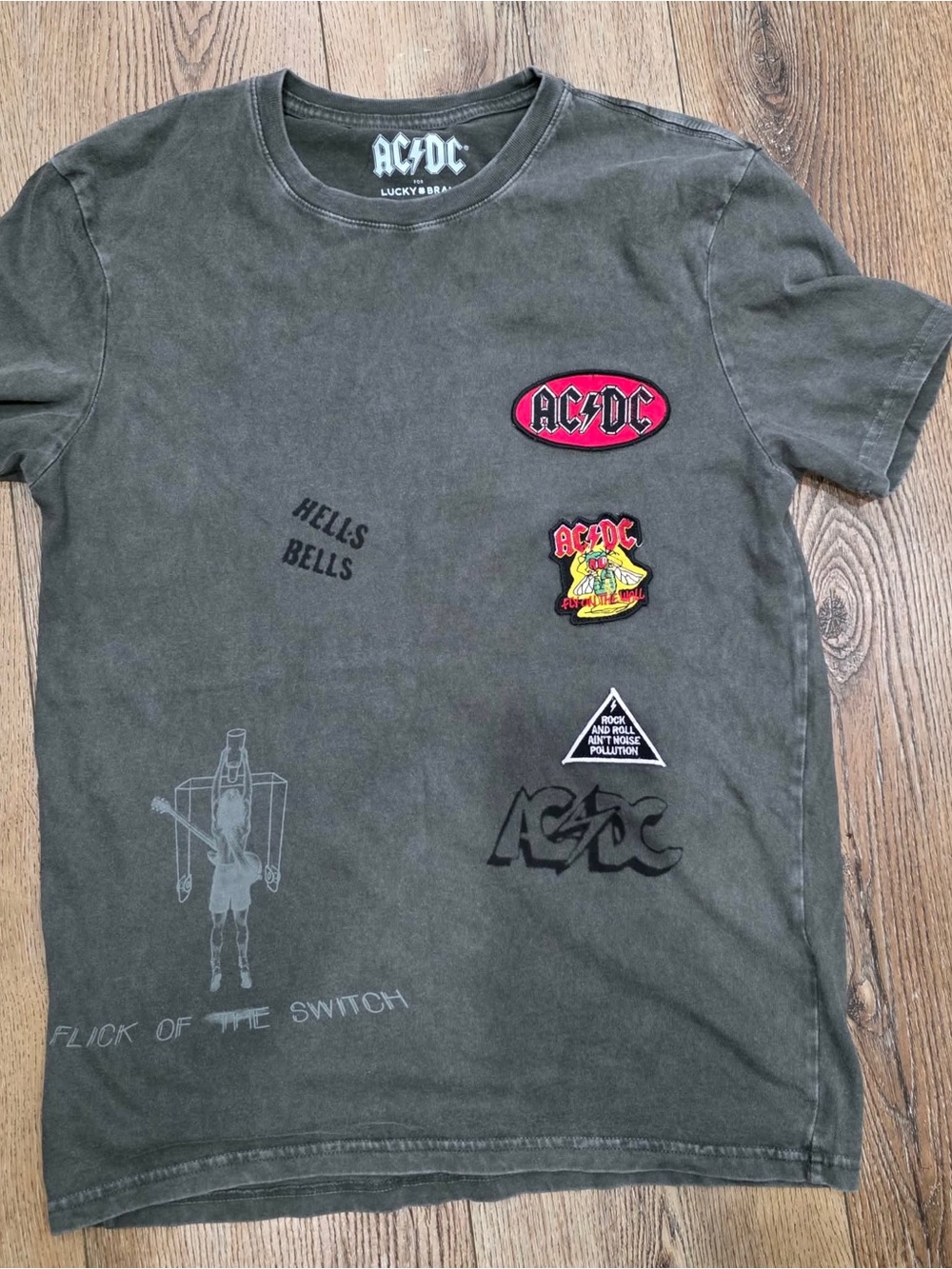 AC/DC Olive Green Graphic Patch Tee with Red and Yellow Accents